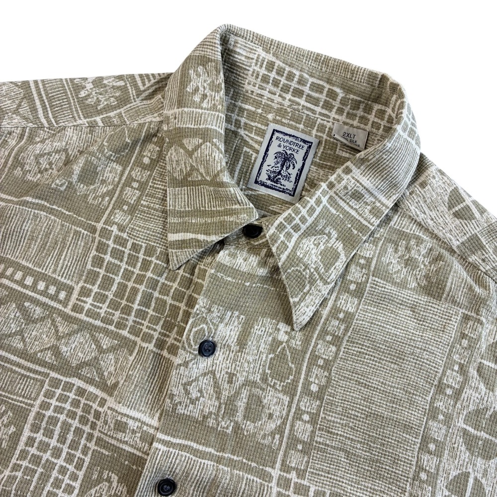 Roundtree & Yorke Men's 2XLT Silk Shirt Geometric Patchwork Khaki Short Sleeve